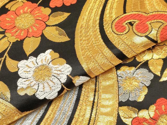 平和屋着物[]七五三　子供　女の子　全通柄袋帯　立波花文　黒地　金銀糸　逸品　DABA3808ma