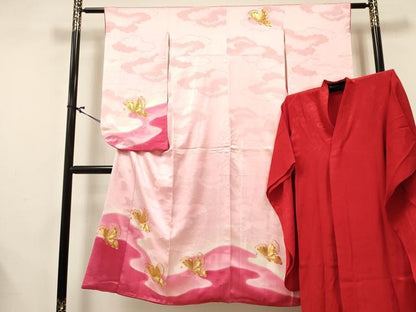 平和屋着物[]七五三　女の子　７歳　祝着　四つ身　長襦袢(袷)セット　駒刺繍　霞舞蝶文　暈し染め　逸品　DABA3811ma