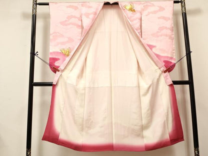 平和屋着物[]七五三　女の子　７歳　祝着　四つ身　長襦袢(袷)セット　駒刺繍　霞舞蝶文　暈し染め　逸品　DABA3811ma