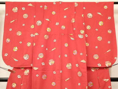 平和屋着物[]七五三　女の子　７歳　祝着　四つ身　襦袢(袷・半衿刺繍)セット　風車　扇面鞠花文　金彩　逸品　DABA3813ma
