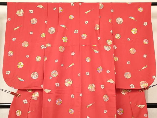 平和屋着物[]七五三　女の子　７歳　祝着　四つ身　襦袢(袷・半衿刺繍)セット　風車　扇面鞠花文　金彩　逸品　DABA3813ma