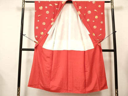 平和屋着物[]七五三　女の子　７歳　祝着　四つ身　襦袢(袷・半衿刺繍)セット　風車　扇面鞠花文　金彩　逸品　DABA3813ma