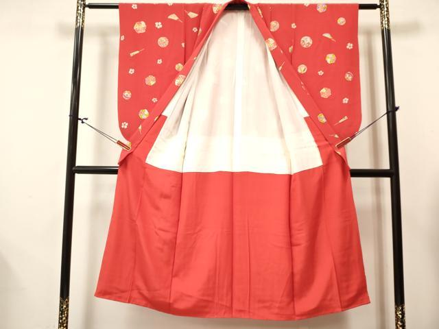 平和屋着物[]七五三　女の子　７歳　祝着　四つ身　襦袢(袷・半衿刺繍)セット　風車　扇面鞠花文　金彩　逸品　DABA3813ma