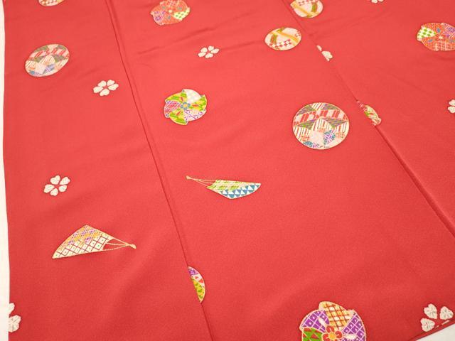 平和屋着物[]七五三　女の子　７歳　祝着　四つ身　襦袢(袷・半衿刺繍)セット　風車　扇面鞠花文　金彩　逸品　DABA3813ma