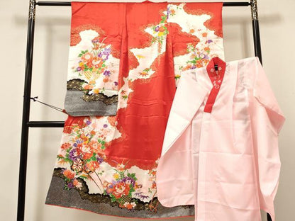 平和屋着物[]七五三　女の子　７歳　祝着　四つ身　長襦袢(無双仕立て・半衿刺繍)セット　花車　金彩　逸品　DABA3814ma