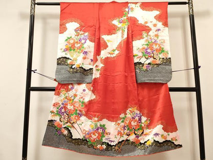 平和屋着物[]七五三　女の子　７歳　祝着　四つ身　長襦袢(無双仕立て・半衿刺繍)セット　花車　金彩　逸品　DABA3814ma