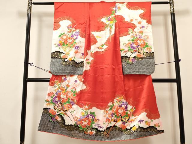 平和屋着物[]七五三　女の子　７歳　祝着　四つ身　長襦袢(無双仕立て・半衿刺繍)セット　花車　金彩　逸品　DABA3814ma