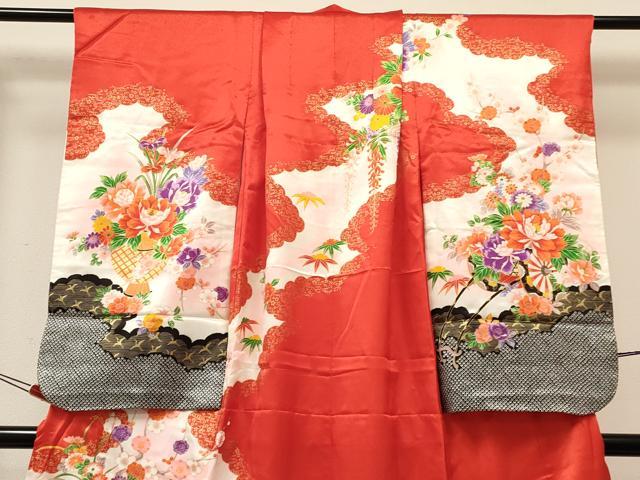 平和屋着物[]七五三　女の子　７歳　祝着　四つ身　長襦袢(無双仕立て・半衿刺繍)セット　花車　金彩　逸品　DABA3814ma