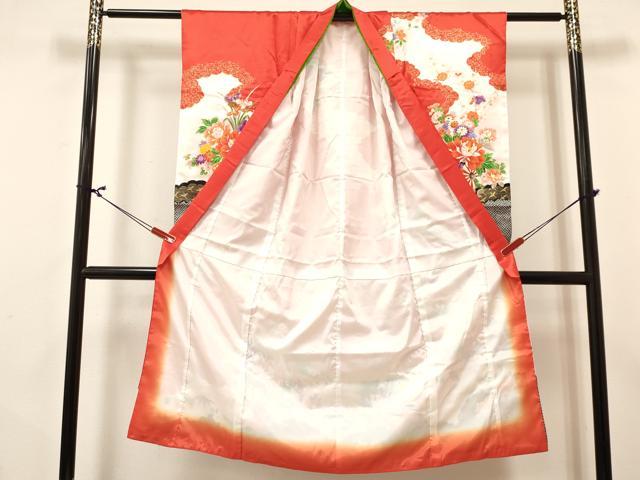 平和屋着物[]七五三　女の子　７歳　祝着　四つ身　長襦袢(無双仕立て・半衿刺繍)セット　花車　金彩　逸品　DABA3814ma
