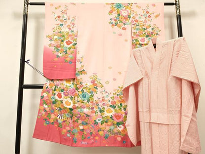 平和屋着物[]七五三　女の子　７歳　祝着　四つ身　長襦袢(無双仕立て)セット　友禅　花車　暈し染め　逸品　DABA3815ma