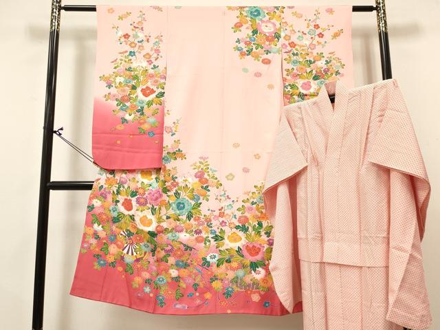 平和屋着物[]七五三　女の子　７歳　祝着　四つ身　長襦袢(無双仕立て)セット　友禅　花車　暈し染め　逸品　DABA3815ma