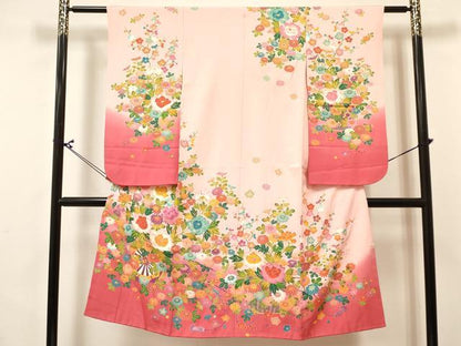 平和屋着物[]七五三　女の子　７歳　祝着　四つ身　長襦袢(無双仕立て)セット　友禅　花車　暈し染め　逸品　DABA3815ma