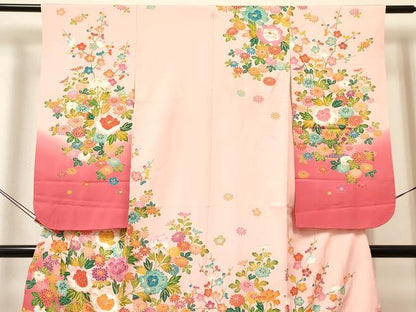 平和屋着物[]七五三　女の子　７歳　祝着　四つ身　長襦袢(無双仕立て)セット　友禅　花車　暈し染め　逸品　DABA3815ma