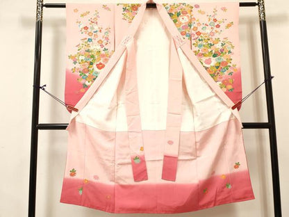 平和屋着物[]七五三　女の子　７歳　祝着　四つ身　長襦袢(無双仕立て)セット　友禅　花車　暈し染め　逸品　DABA3815ma