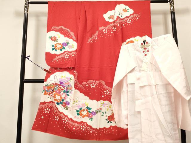 平和屋着物[]七五三　女の子　７歳　祝着　四つ身　襦袢(袷・半衿刺繍)セット　絞り　扇面花文　金彩　逸品　DABA3816ma