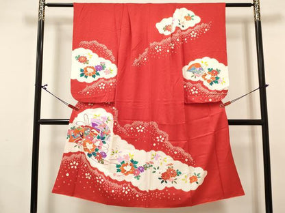 平和屋着物[]七五三　女の子　７歳　祝着　四つ身　襦袢(袷・半衿刺繍)セット　絞り　扇面花文　金彩　逸品　DABA3816ma