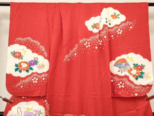 平和屋着物[]七五三　女の子　７歳　祝着　四つ身　襦袢(袷・半衿刺繍)セット　絞り　扇面花文　金彩　逸品　DABA3816ma
