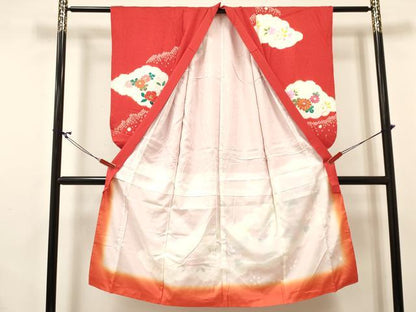 平和屋着物[]七五三　女の子　７歳　祝着　四つ身　襦袢(袷・半衿刺繍)セット　絞り　扇面花文　金彩　逸品　DABA3816ma