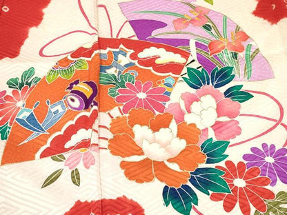 平和屋着物[]七五三　女の子　７歳　祝着　四つ身　襦袢(袷・半衿刺繍)セット　絞り　扇面花文　金彩　逸品　DABA3816ma