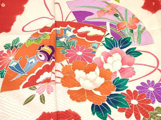 平和屋着物[]七五三　女の子　７歳　祝着　四つ身　襦袢(袷・半衿刺繍)セット　絞り　扇面花文　金彩　逸品　DABA3816ma