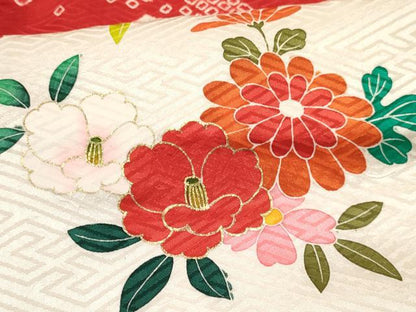 平和屋着物[]七五三　女の子　７歳　祝着　四つ身　襦袢(袷・半衿刺繍)セット　絞り　扇面花文　金彩　逸品　DABA3816ma