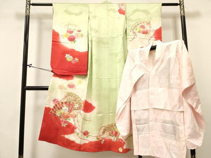 平和屋着物[]七五三　女の子　７歳　祝着　四つ身　長襦袢(無双仕立て)セット　駒刺繍　檜扇花文　暈し染め　金銀糸　逸品　DABA3817ma