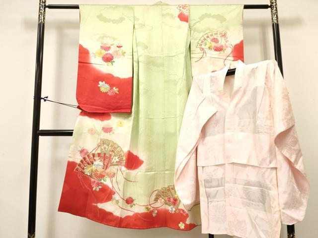 平和屋着物[]七五三　女の子　７歳　祝着　四つ身　長襦袢(無双仕立て)セット　駒刺繍　檜扇花文　暈し染め　金銀糸　逸品　DABA3817ma