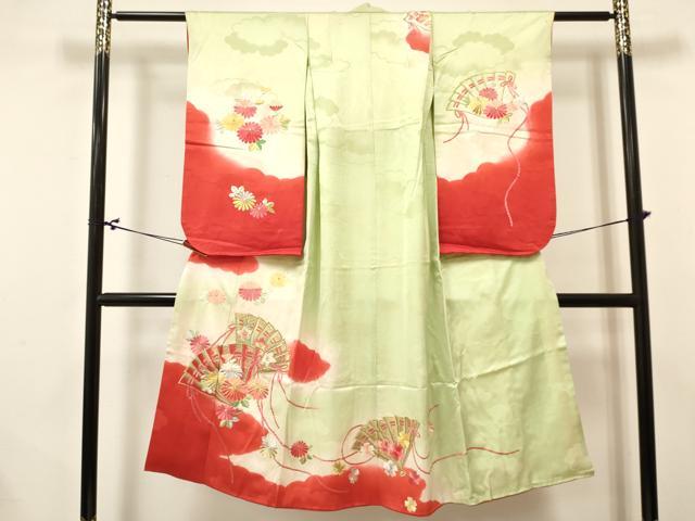 平和屋着物[]七五三 女の子 ７歳 祝着 四つ身 長襦袢(無双仕立て)セット 駒刺繍 檜扇花文 暈し染め 金銀糸 逸品 DABA3817ma
