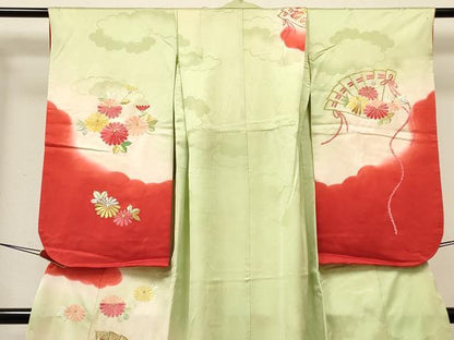 平和屋着物[]七五三　女の子　７歳　祝着　四つ身　長襦袢(無双仕立て)セット　駒刺繍　檜扇花文　暈し染め　金銀糸　逸品　DABA3817ma