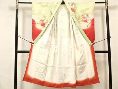 平和屋着物[]七五三　女の子　７歳　祝着　四つ身　長襦袢(無双仕立て)セット　駒刺繍　檜扇花文　暈し染め　金銀糸　逸品　DABA3817ma