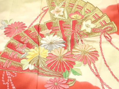 平和屋着物[]七五三　女の子　７歳　祝着　四つ身　長襦袢(無双仕立て)セット　駒刺繍　檜扇花文　暈し染め　金銀糸　逸品　DABA3817ma