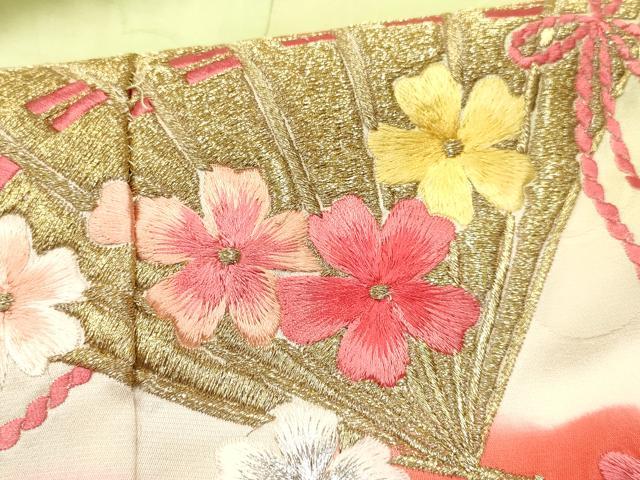 平和屋着物[]七五三 女の子 ７歳 祝着 四つ身 長襦袢(無双仕立て)セット 駒刺繍 檜扇花文 暈し染め 金銀糸 逸品 DABA3817ma
