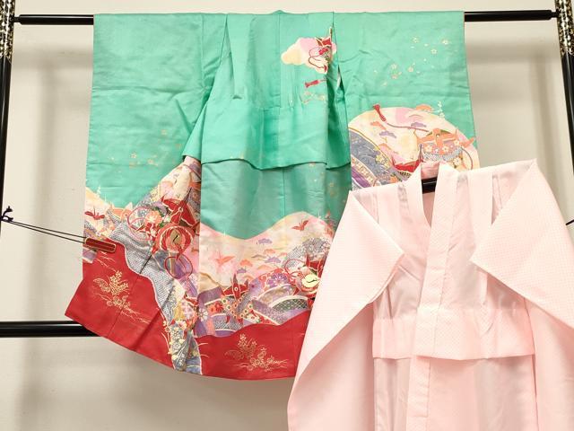 平和屋着物[]七五三　女の子　３歳　祝着　三つ身　長襦袢(単衣)セット　折り鶴　糸車飛鶴花文　金彩　逸品　DABA3818ma
