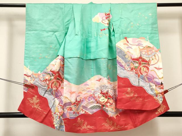 平和屋着物[]七五三　女の子　３歳　祝着　三つ身　長襦袢(単衣)セット　折り鶴　糸車飛鶴花文　金彩　逸品　DABA3818ma