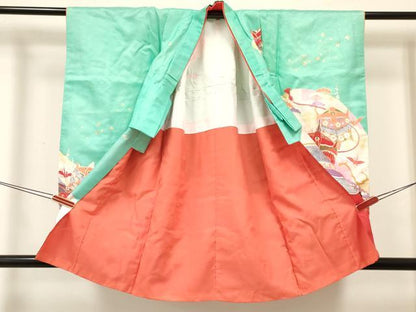 平和屋着物[]七五三　女の子　３歳　祝着　三つ身　長襦袢(単衣)セット　折り鶴　糸車飛鶴花文　金彩　逸品　DABA3818ma
