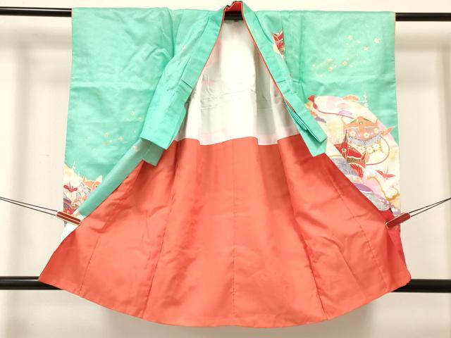 平和屋着物[]七五三　女の子　３歳　祝着　三つ身　長襦袢(単衣)セット　折り鶴　糸車飛鶴花文　金彩　逸品　DABA3818ma
