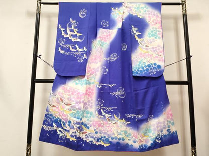 平和屋着物[]七五三　女の子　７歳　祝着　四つ身　襦袢セット　作家物　しゃぼん玉　花蝶文　暈し染め　金銀彩　逸品　DABA3819ma