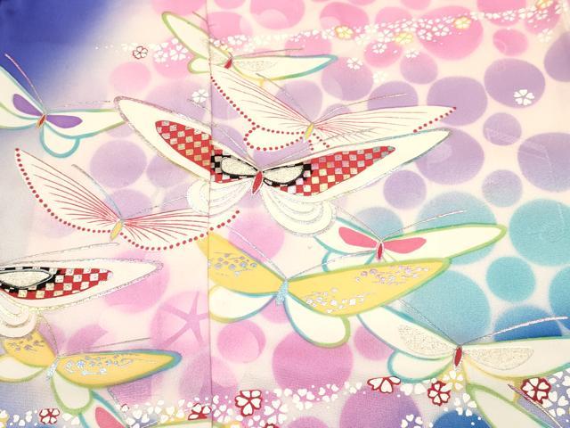 平和屋着物[]七五三　女の子　７歳　祝着　四つ身　襦袢セット　作家物　しゃぼん玉　花蝶文　暈し染め　金銀彩　逸品　DABA3819ma