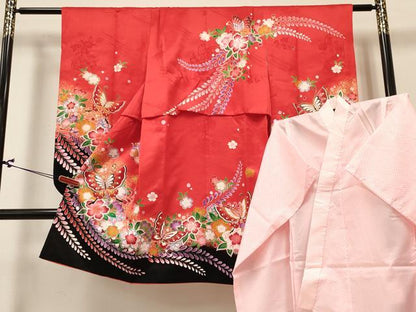 平和屋着物[]七五三　女の子　７歳　祝着　四つ身　長襦袢(単衣)セット　花蝶文　暈し染め　金彩　逸品　DABA3820ma