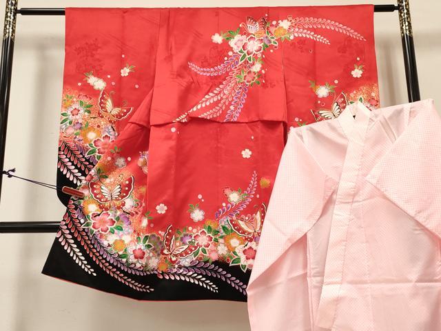 平和屋着物[]七五三　女の子　７歳　祝着　四つ身　長襦袢(単衣)セット　花蝶文　暈し染め　金彩　逸品　DABA3820ma
