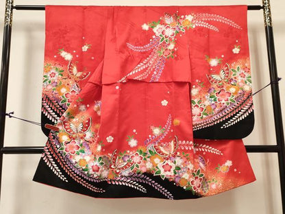 平和屋着物[]七五三　女の子　７歳　祝着　四つ身　長襦袢(単衣)セット　花蝶文　暈し染め　金彩　逸品　DABA3820ma