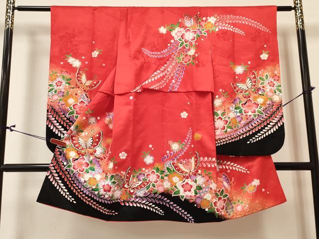 平和屋着物[]七五三　女の子　７歳　祝着　四つ身　長襦袢(単衣)セット　花蝶文　暈し染め　金彩　逸品　DABA3820ma