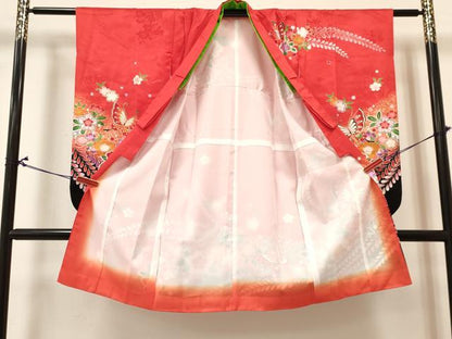 平和屋着物[]七五三　女の子　７歳　祝着　四つ身　長襦袢(単衣)セット　花蝶文　暈し染め　金彩　逸品　DABA3820ma
