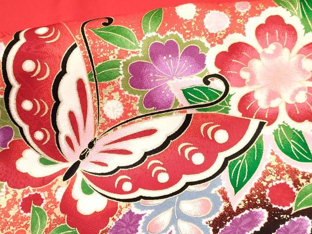 平和屋着物[]七五三　女の子　７歳　祝着　四つ身　長襦袢(単衣)セット　花蝶文　暈し染め　金彩　逸品　DABA3820ma