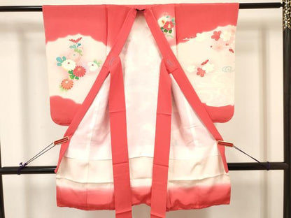 平和屋着物[]七五三　女の子　３歳　祝着　三つ身　長襦袢(袷・半衿刺繍)セット　糸車花文　暈し染め　金彩　逸品　DABA3822ma
