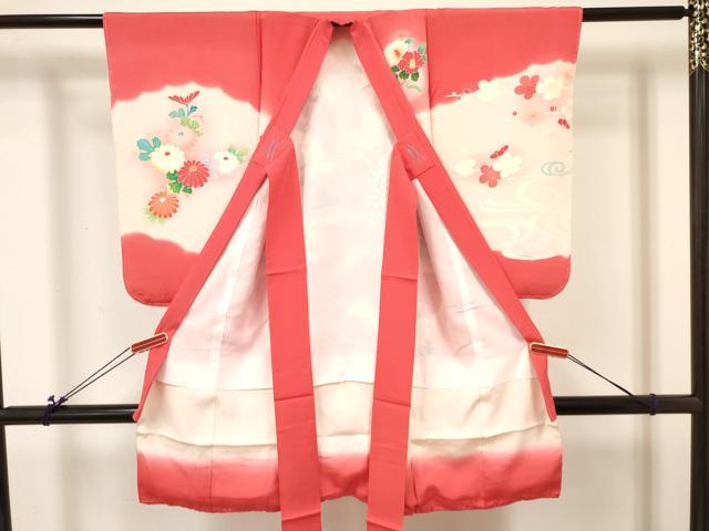 平和屋着物[]七五三　女の子　３歳　祝着　三つ身　長襦袢(袷・半衿刺繍)セット　糸車花文　暈し染め　金彩　逸品　DABA3822ma