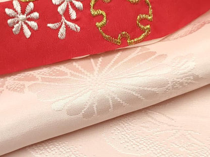 平和屋着物[]七五三　女の子　３歳　祝着　三つ身　長襦袢(袷・半衿刺繍)セット　糸車花文　暈し染め　金彩　逸品　DABA3822ma