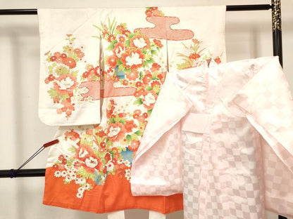 平和屋着物[]七五三　女の子　３歳　祝着　三つ身　長襦袢(袷)セット　刺繍　牡丹花文　金彩　逸品　DABA3823ma