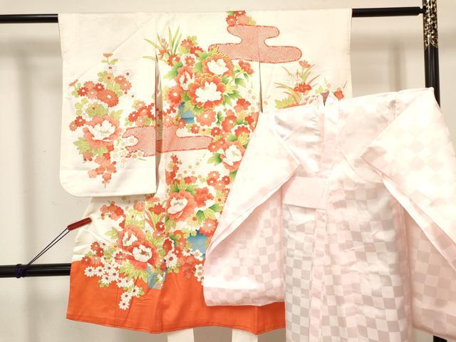 平和屋着物[]七五三　女の子　３歳　祝着　三つ身　長襦袢(袷)セット　刺繍　牡丹花文　金彩　逸品　DABA3823ma