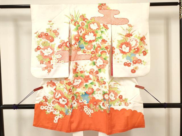 平和屋着物[]七五三　女の子　３歳　祝着　三つ身　長襦袢(袷)セット　刺繍　牡丹花文　金彩　逸品　DABA3823ma